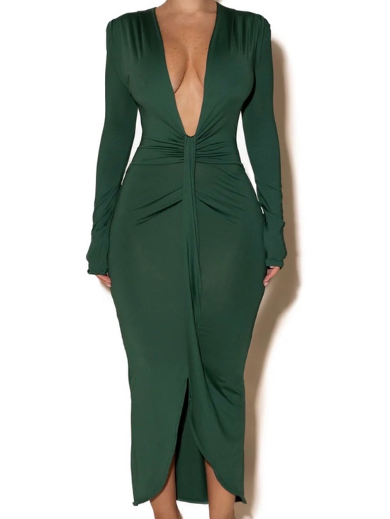 Jocacy Dresses & Skirts - Elegant Deep V Long-Sleeve Midi Dress in Forest Green